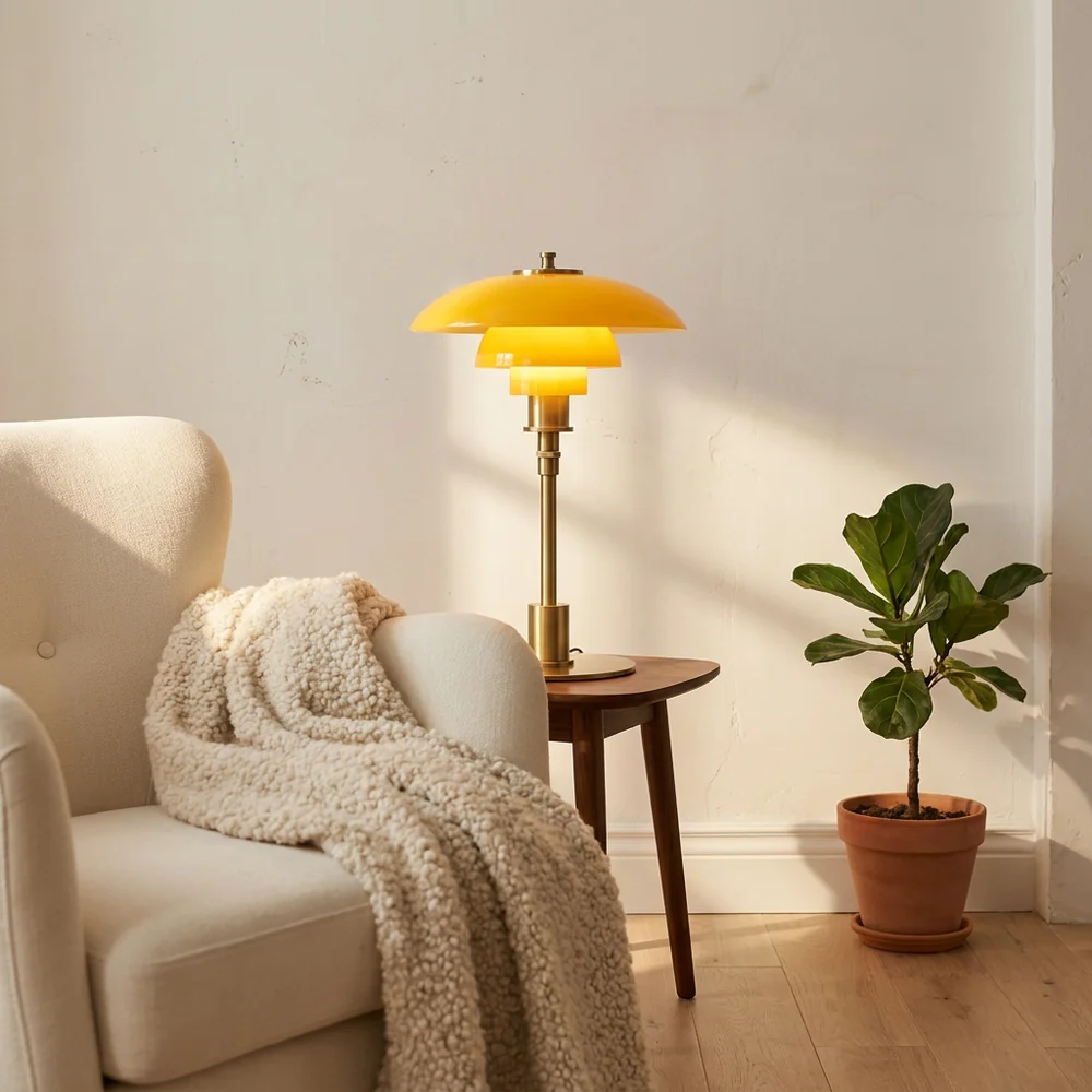 Modern Table Light Tiered Glass Mushroom Shade Amber Brass Bedside Desk Lamp