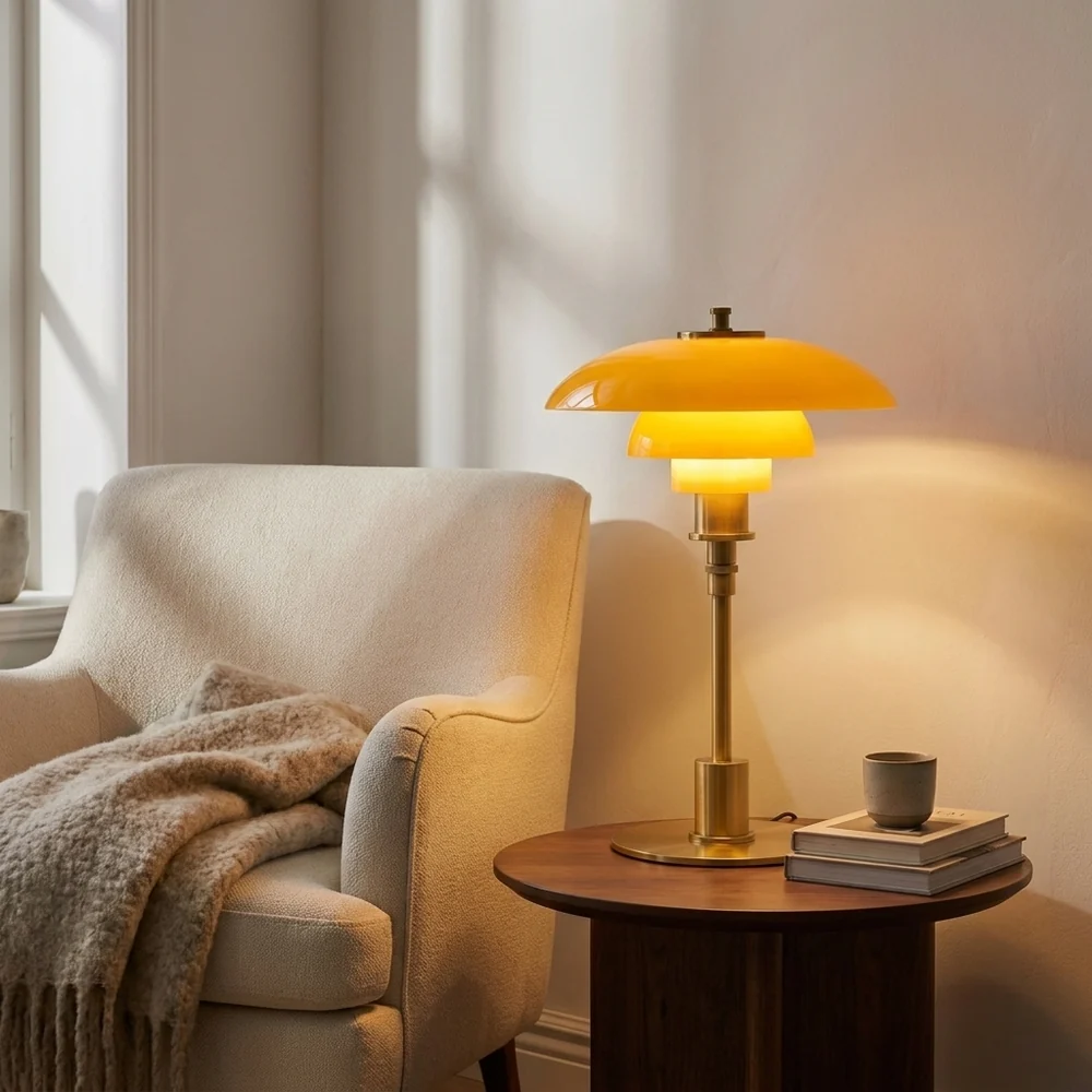 Modern Table Light Tiered Glass Mushroom Shade Amber Brass Bedside Desk Lamp