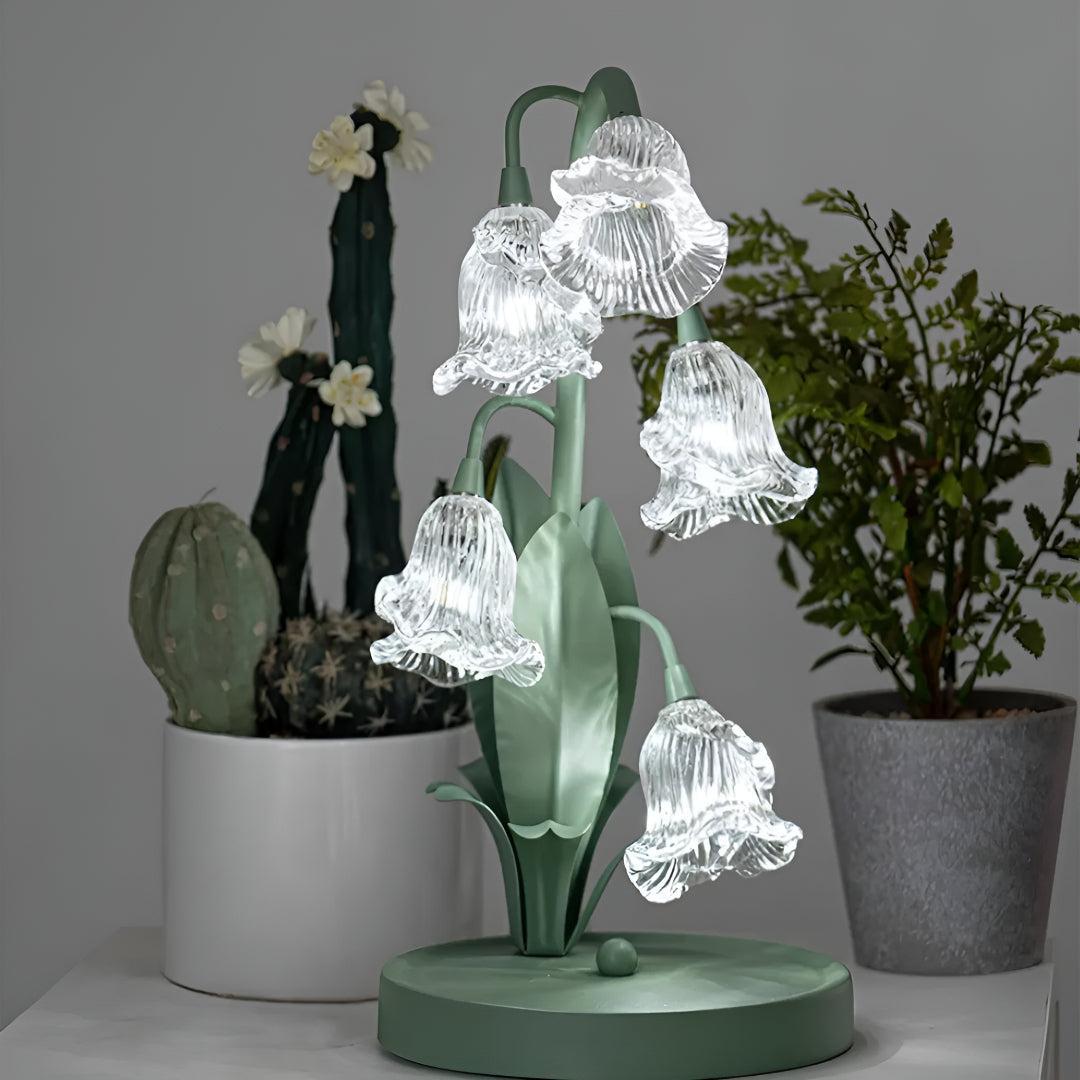 Glass Table Lamp Lily of the Valley Flower Shade Green Metal Base Bedside Night Light