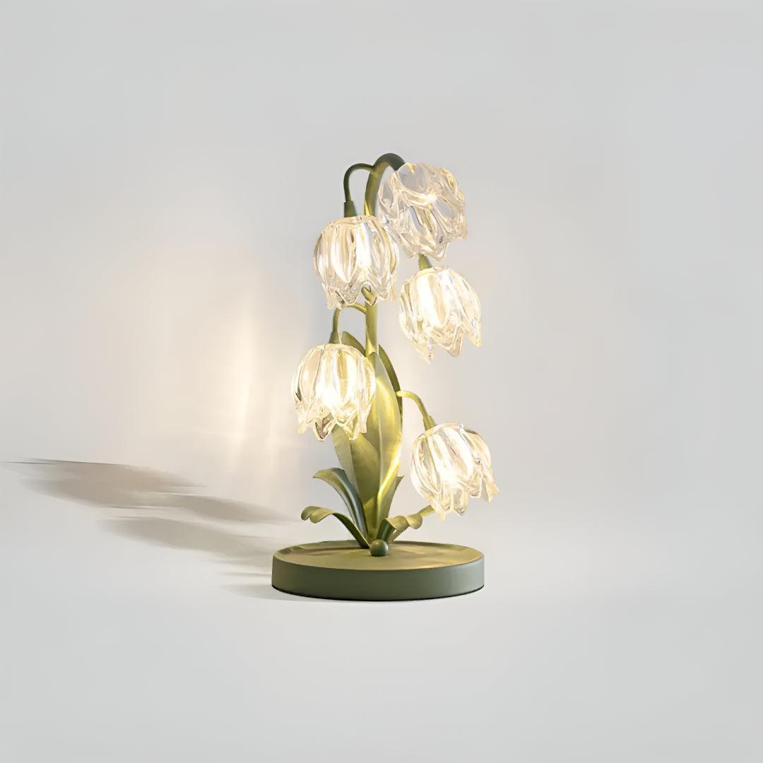 Glass Table Lamp Lily of the Valley Flower Shade Green Metal Base Bedside Night Light