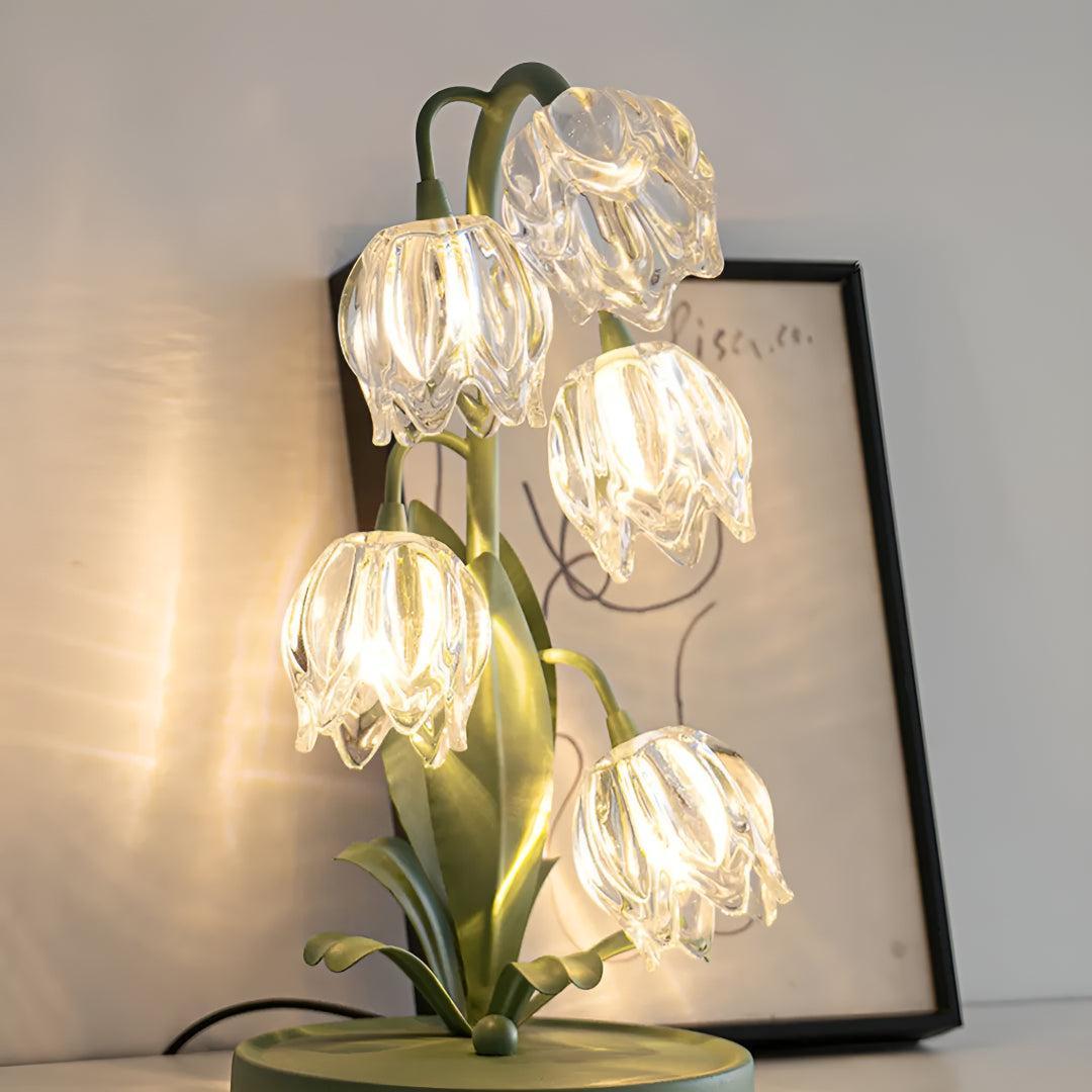 Glass Table Lamp Lily of the Valley Flower Shade Green Metal Base Bedside Night Light