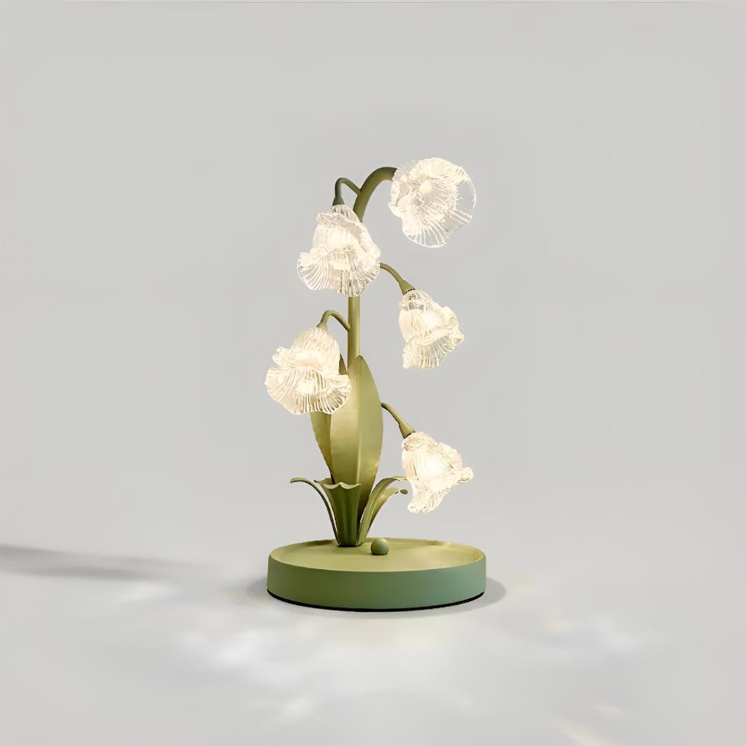 Glass Table Lamp Lily of the Valley Flower Shade Green Metal Base Bedside Night Light