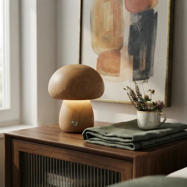 Wooden Mushroom LED Night Light Dome Shade Push Button Bedside Table Lamp Decor