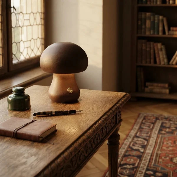 Wooden Mushroom LED Night Light Dome Shade Push Button Bedside Table Lamp Decor