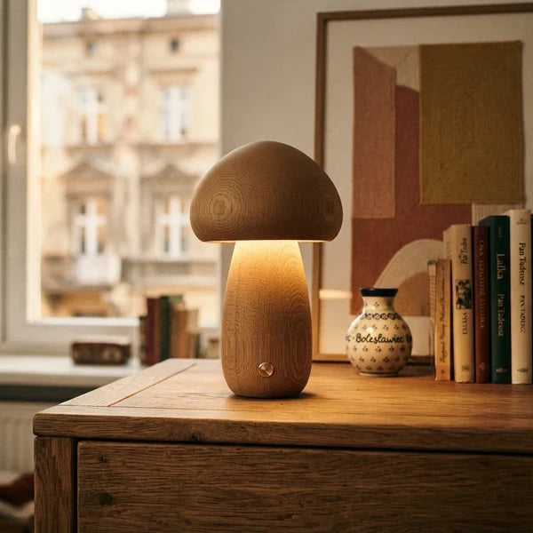 Wooden Mushroom LED Night Light Dome Shade Push Button Bedside Table Lamp Decor