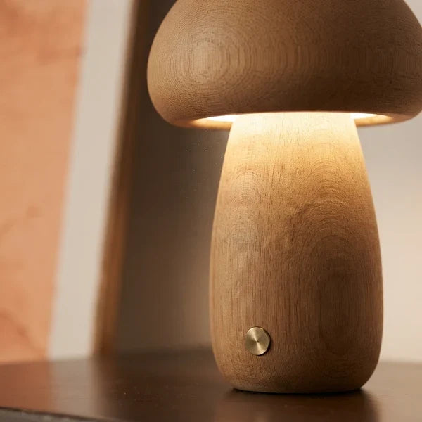 Wooden Mushroom LED Night Light Dome Shade Push Button Bedside Table Lamp Decor