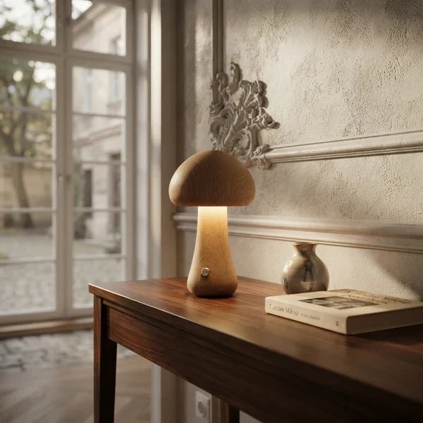 Wooden Mushroom LED Night Light Dome Shade Push Button Bedside Table Lamp Decor