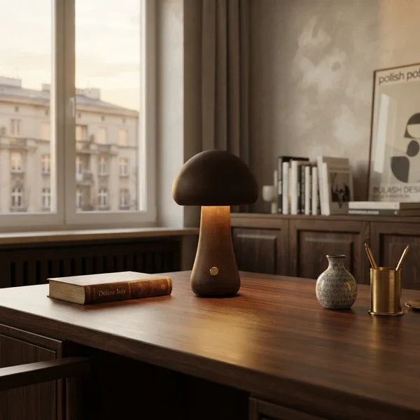 Wooden Mushroom LED Night Light Dome Shade Push Button Bedside Table Lamp Decor