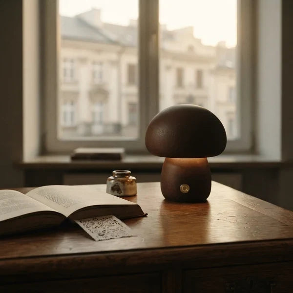 Wooden Mushroom LED Night Light Dome Shade Push Button Bedside Table Lamp Decor