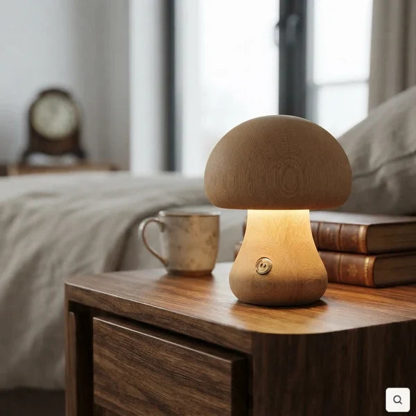 Wooden Mushroom LED Night Light Dome Shade Push Button Bedside Table Lamp Decor