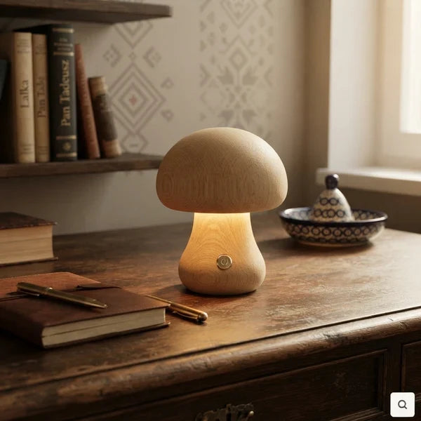 Wooden Mushroom LED Night Light Dome Shade Push Button Bedside Table Lamp Decor