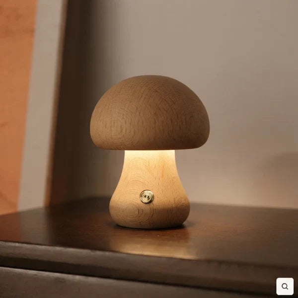 Wooden Mushroom LED Night Light Dome Shade Push Button Bedside Table Lamp Decor