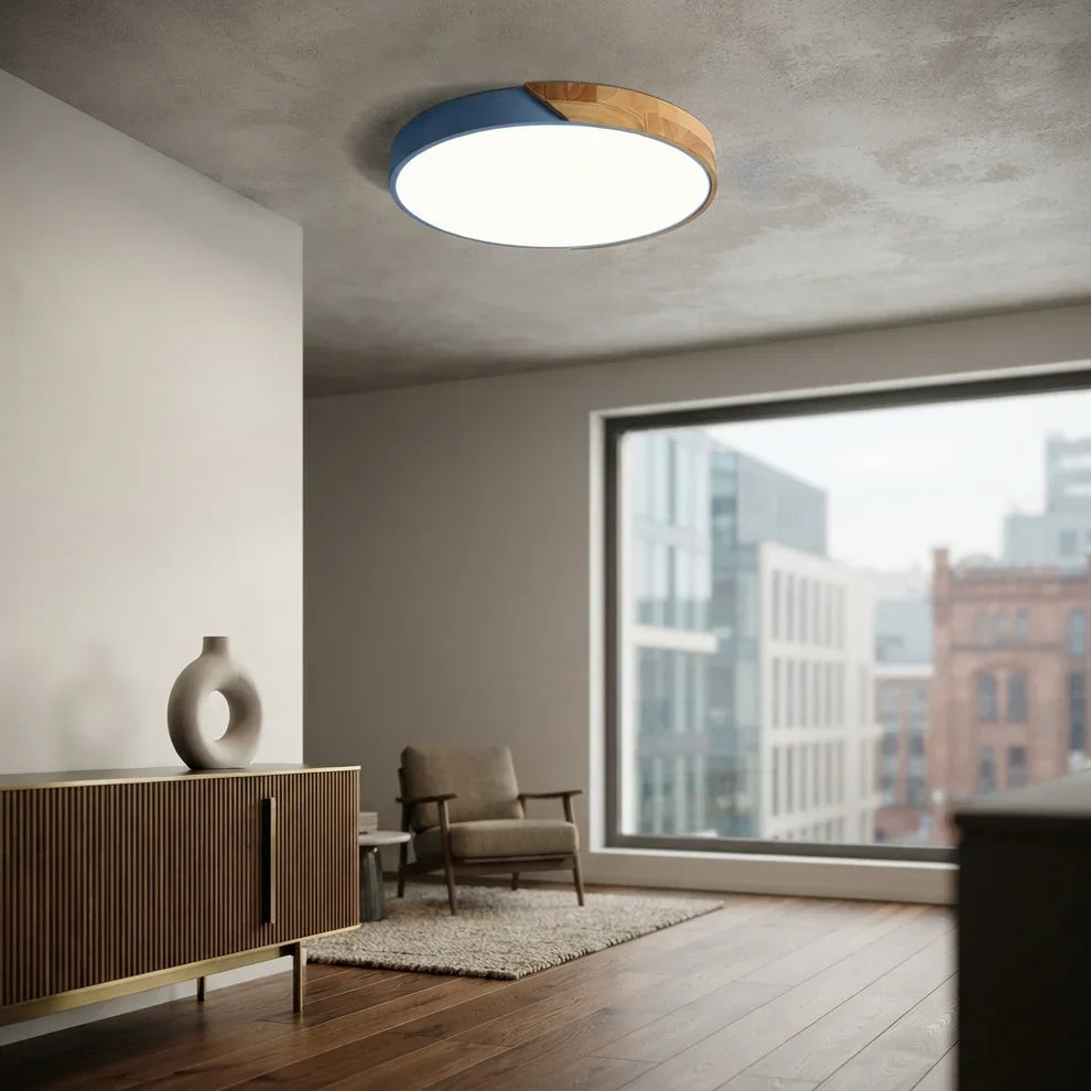 LED Ceiling Lights Wood Accent Round Flush Mount Dimmable Scandinavian Home Lighting