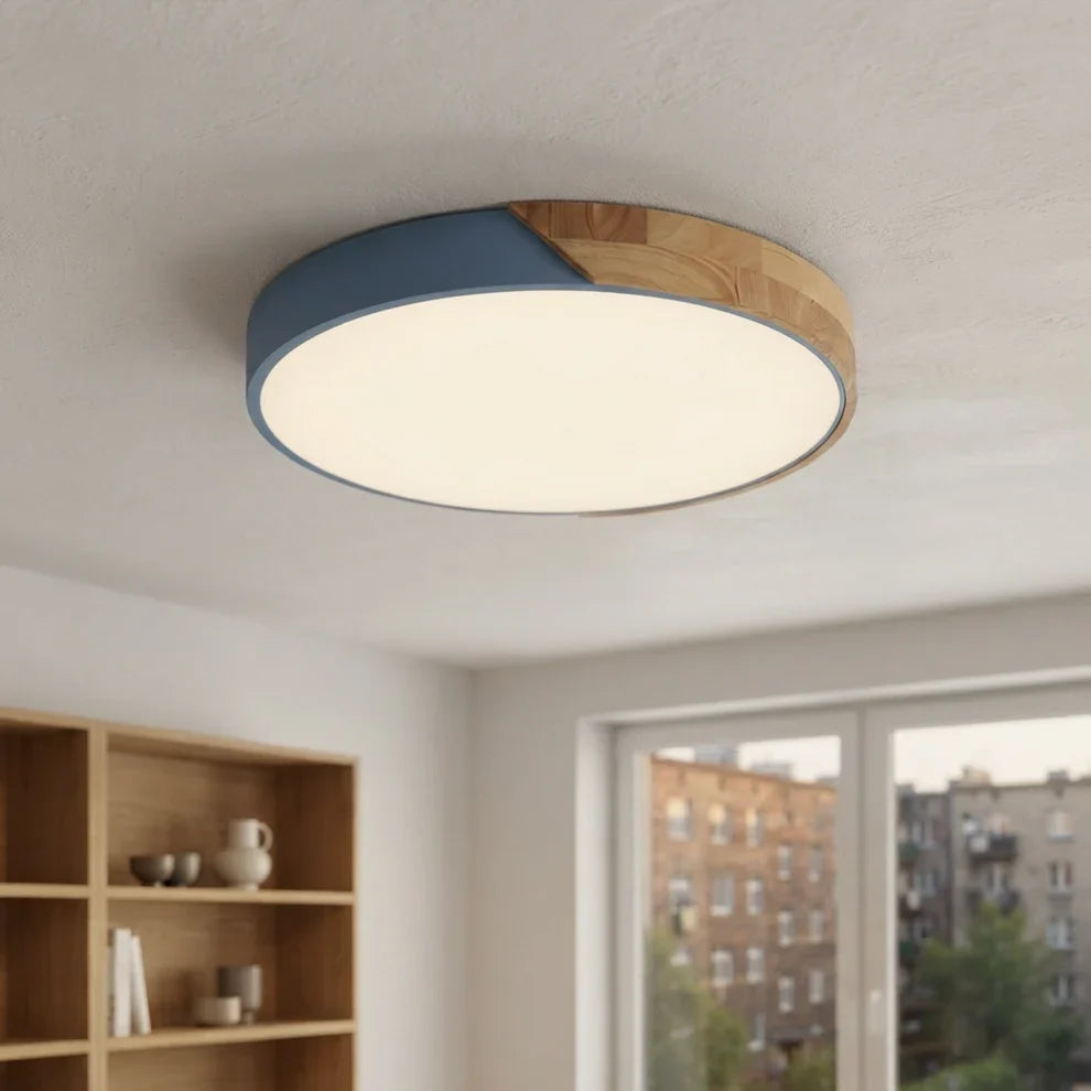 LED Ceiling Lights Wood Accent Round Flush Mount Dimmable Scandinavian Home Lighting