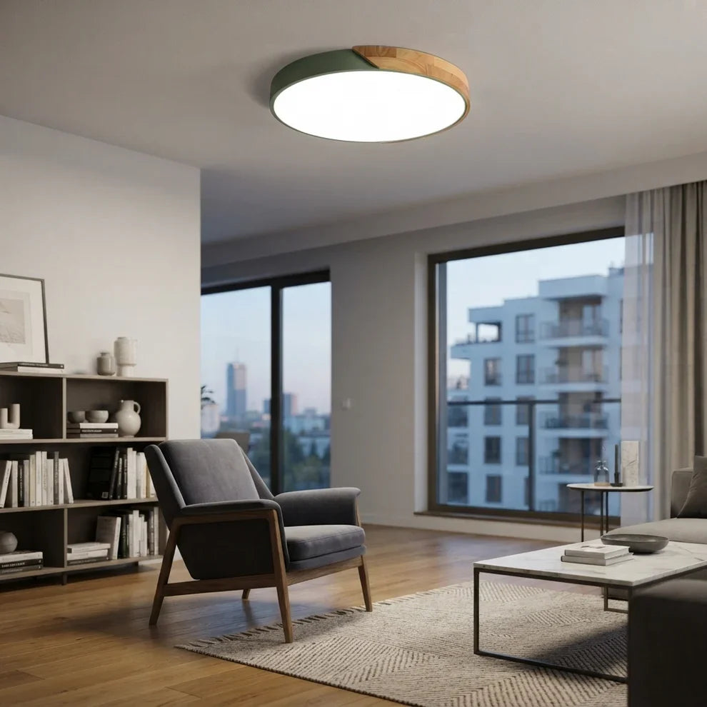 LED Ceiling Lights Wood Accent Round Flush Mount Dimmable Scandinavian Home Lighting