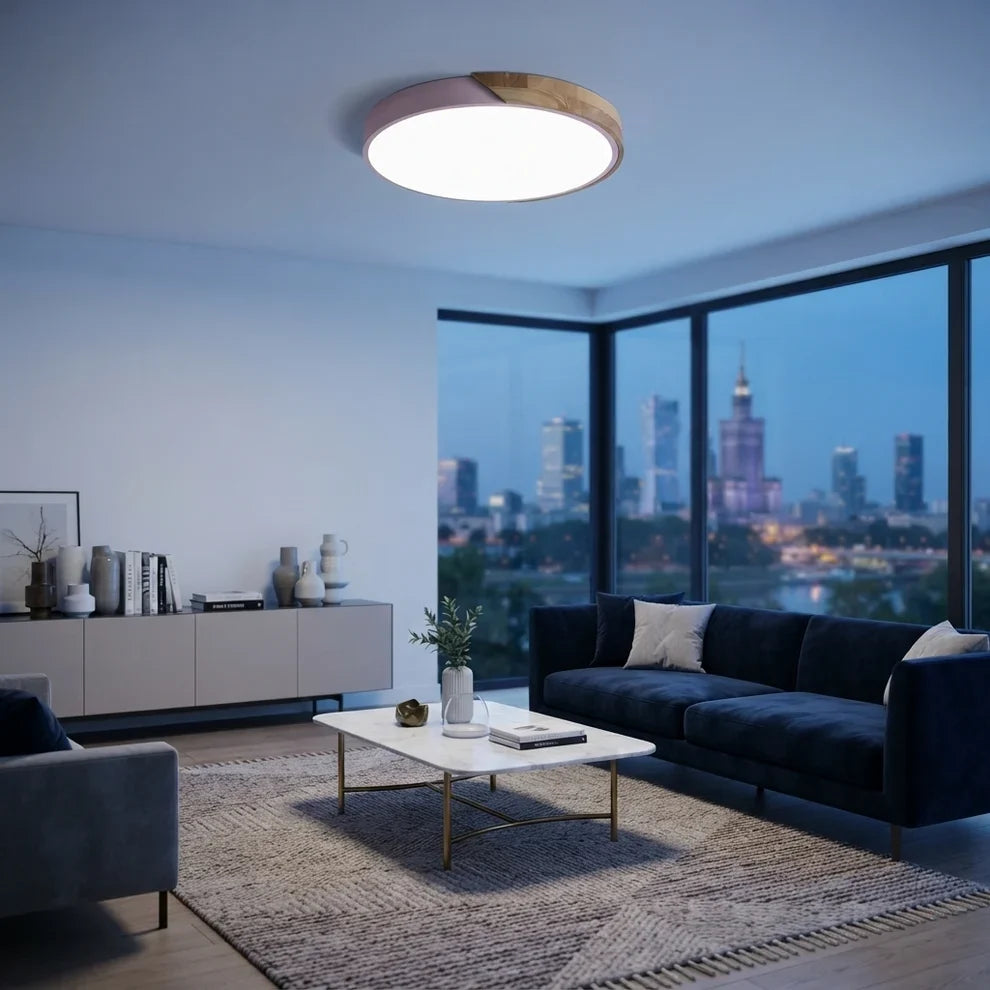 LED Ceiling Lights Wood Accent Round Flush Mount Dimmable Scandinavian Home Lighting