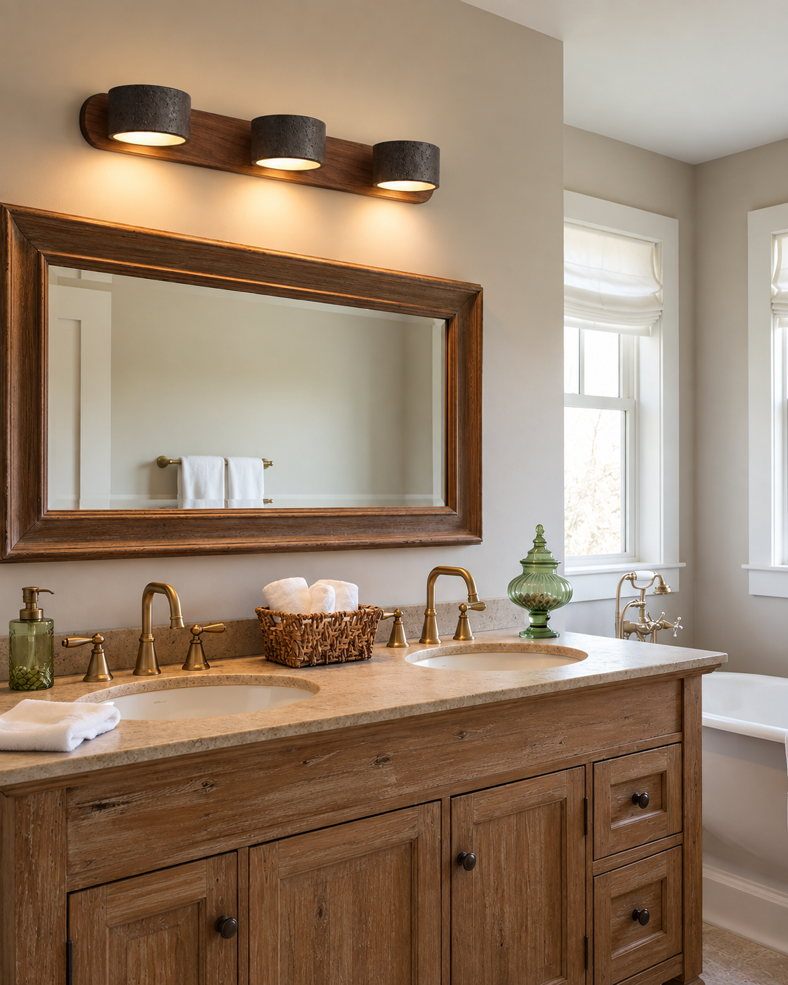 Wood Wall Sconce Travertine Shade Linear Vanity Light 2-Light 3-Light Bathroom