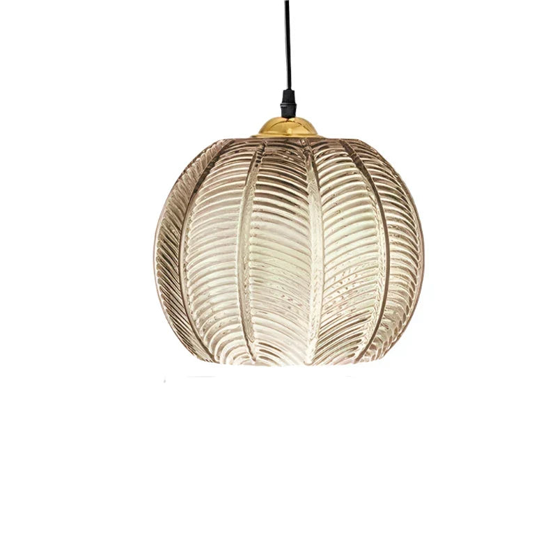 Glass Pendant Lamps Ribbed Leaf Pattern Round Globe Hanging Ceiling Light Fixture