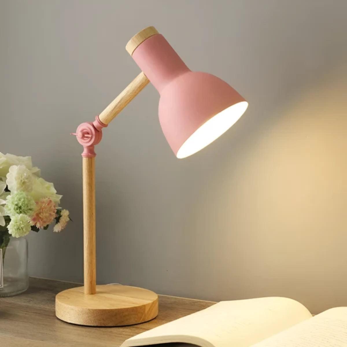 Wood Table Lamp Adjustable Arm Metal Dome Shade Swivel Head Desk Reading Light