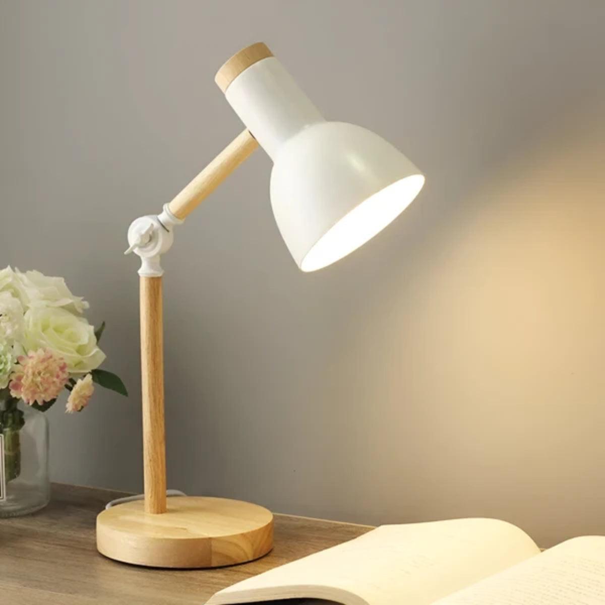 Wood Table Lamp Adjustable Arm Metal Dome Shade Swivel Head Desk Reading Light