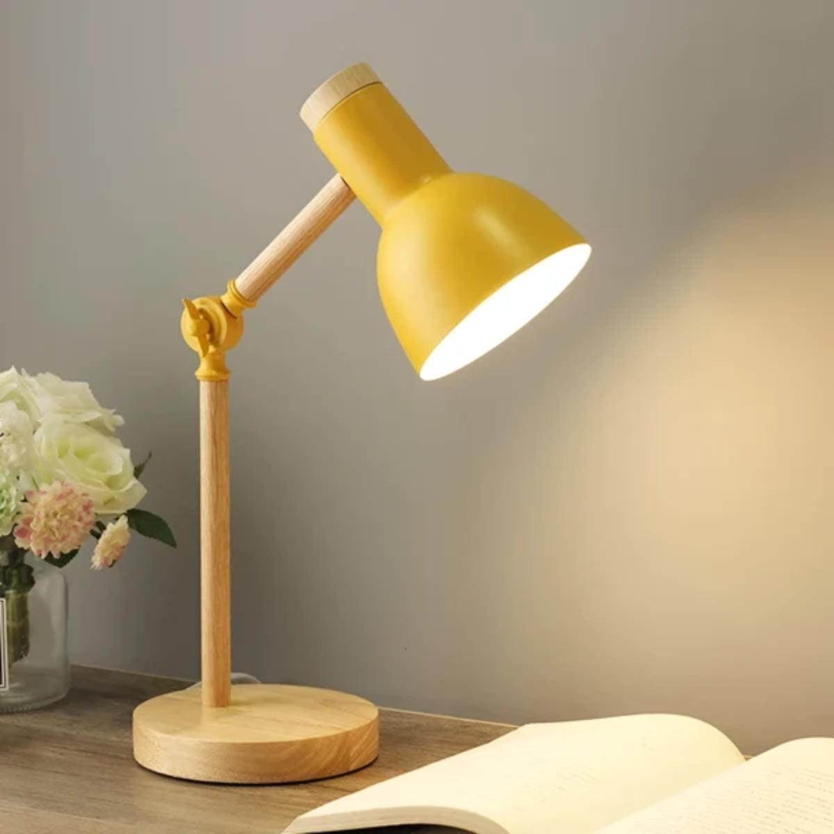 Wood Table Lamp Adjustable Arm Metal Dome Shade Swivel Head Desk Reading Light