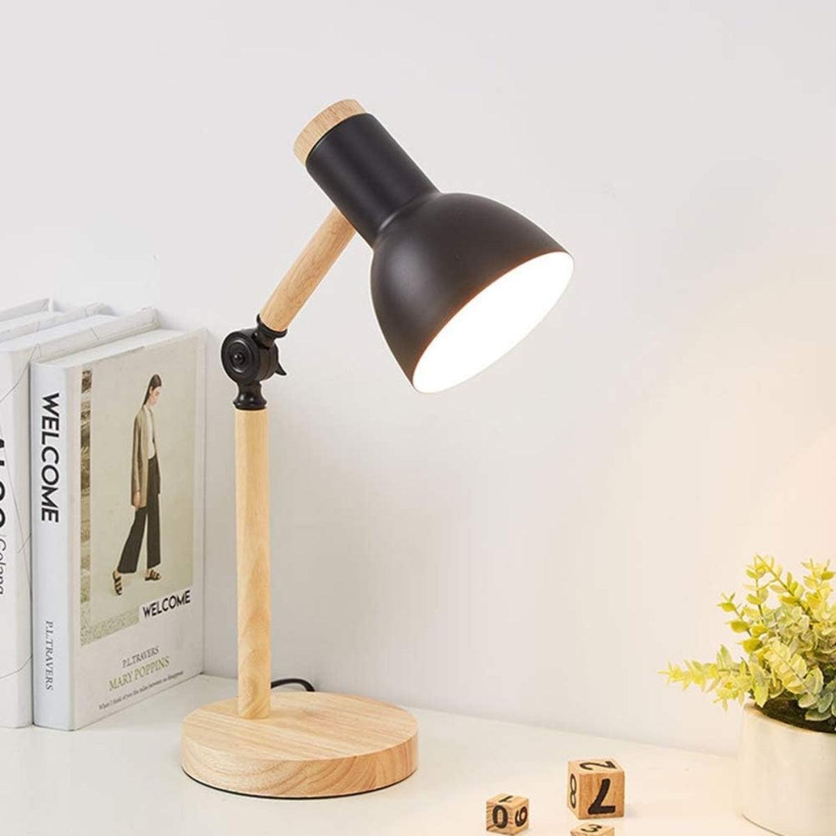 Wood Table Lamp Adjustable Arm Metal Dome Shade Swivel Head Desk Reading Light