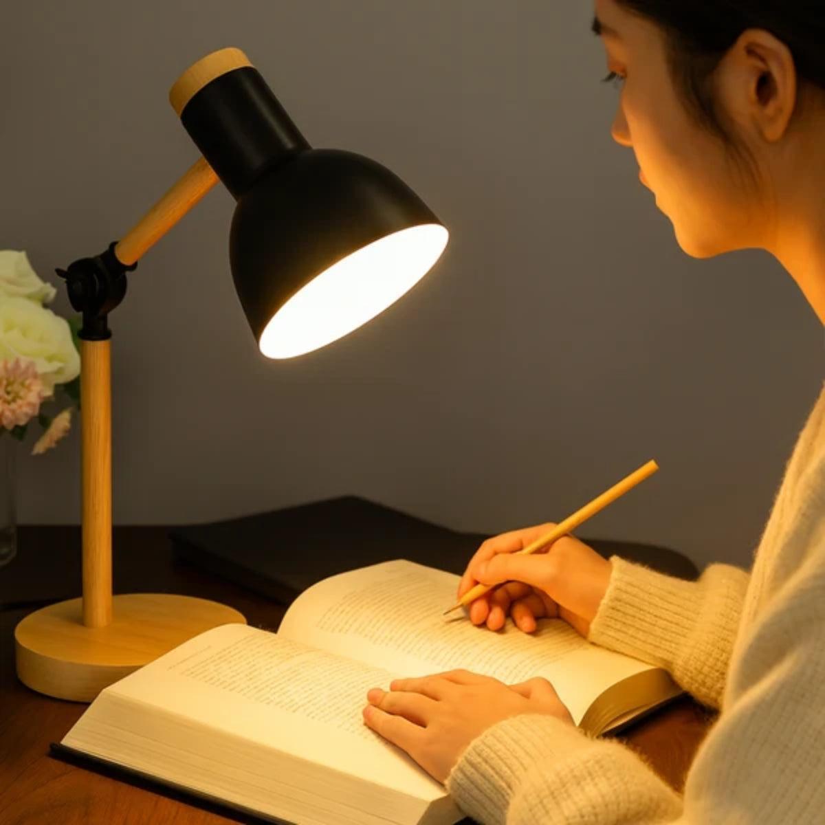 Wood Table Lamp Adjustable Arm Metal Dome Shade Swivel Head Desk Reading Light