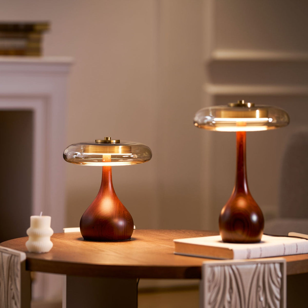 Glass Mushroom Lamp Amber Dome Shade Wood Base Dimmable Bedside Table Night Light