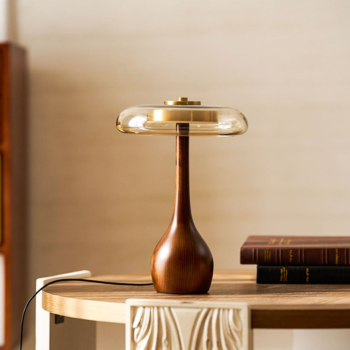 Glass Mushroom Lamp Amber Dome Shade Wood Base Dimmable Bedside Table Night Light