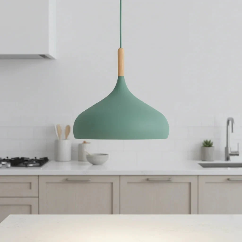 Minimalist Pendant Light Nordic Teardrop Dome Shade Wood Accent Ceiling Hanging Lamp