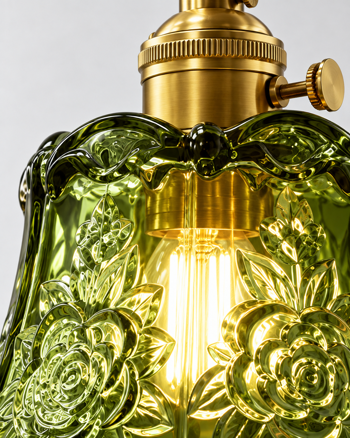 Green Glass Pendant Light Scalloped Bell Shade Brass Fitting Kitchen Ceiling Lighting