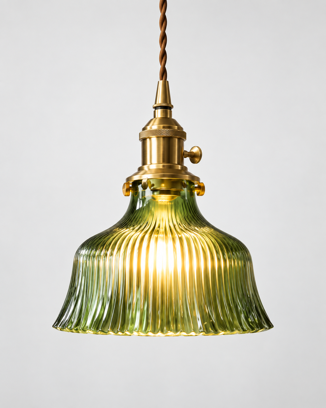 Green Glass Pendant Light Scalloped Bell Shade Brass Fitting Kitchen Ceiling Lighting