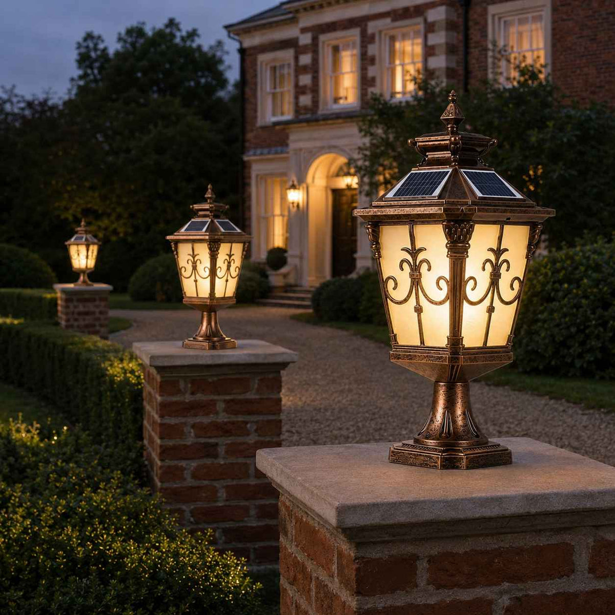 Solar Lights Outdoor Post Cap Light Black Scrollwork Frosted Glass Lantern Fence Patio