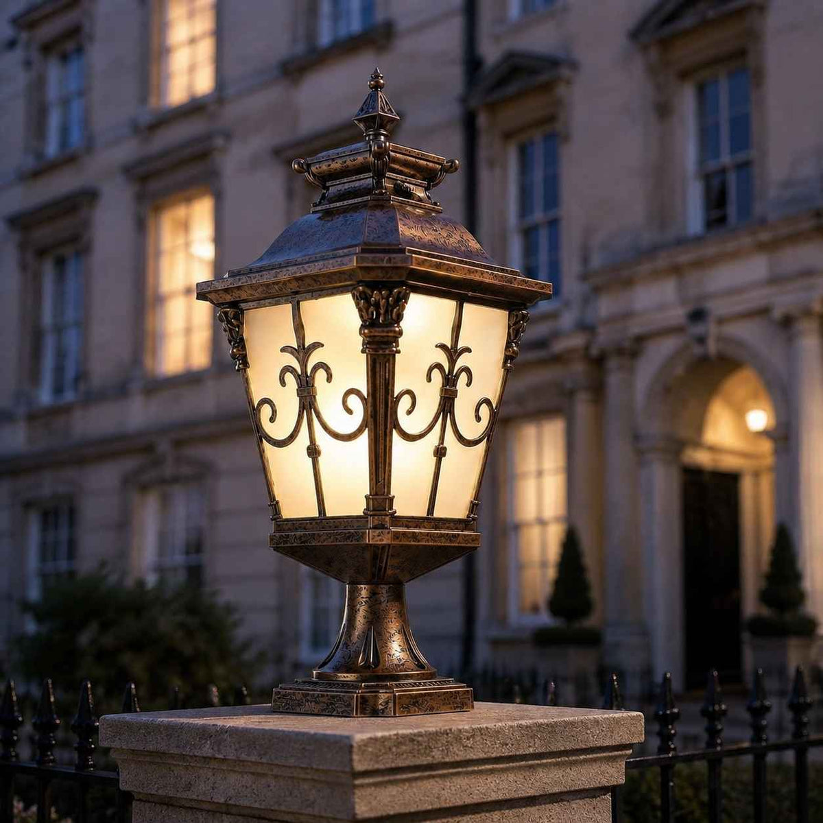 Solar Lights Outdoor Post Cap Light Black Scrollwork Frosted Glass Lantern Fence Patio