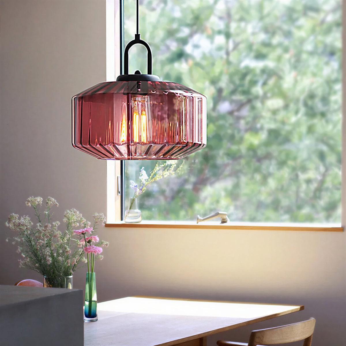 Glass Pendant Lights Ribbed Striped Drum Shade Black Canopy Retro Dining Kitchen