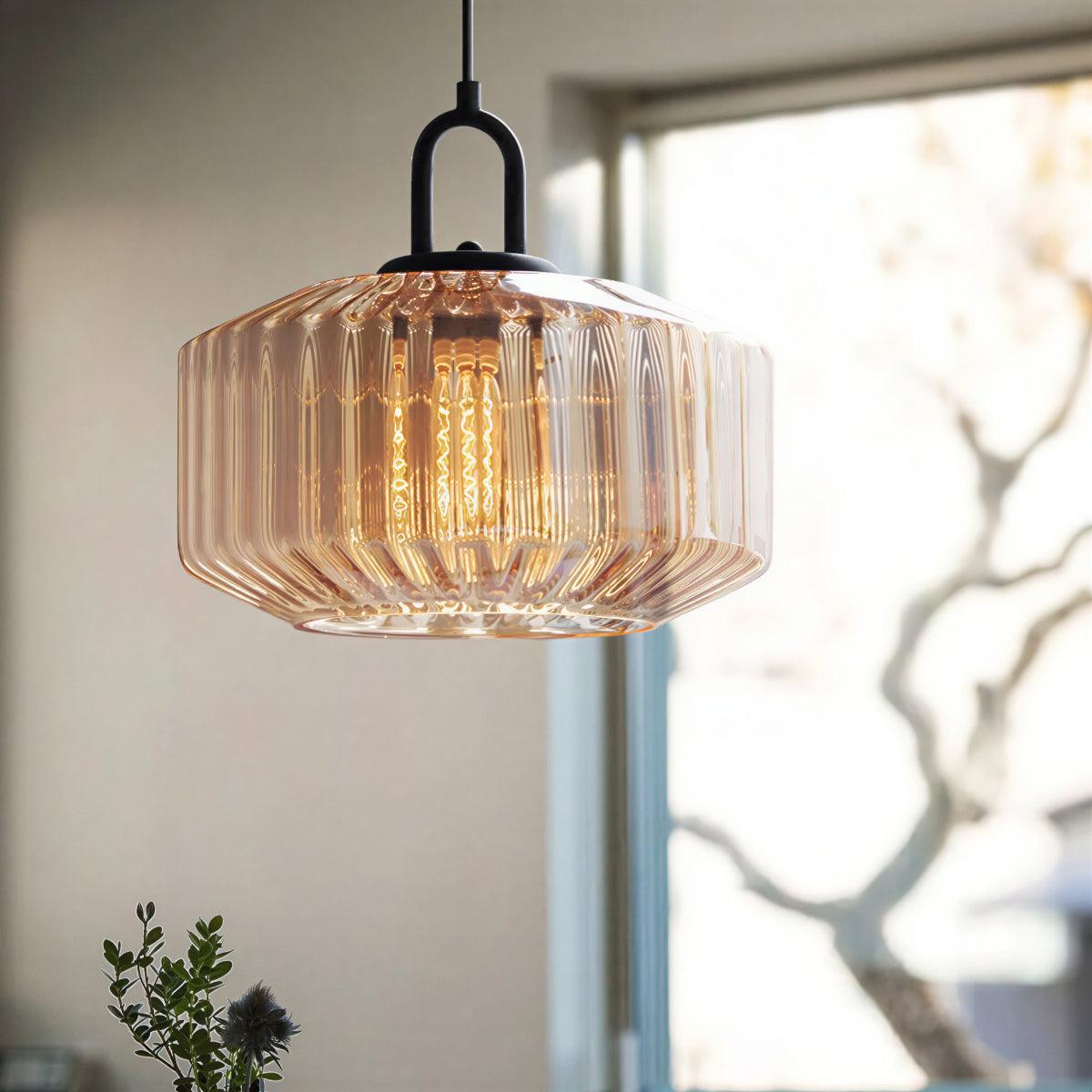 Glass Pendant Lights Ribbed Striped Drum Shade Black Canopy Retro Dining Kitchen