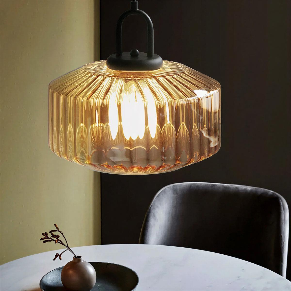 Glass Pendant Lights Ribbed Striped Drum Shade Black Canopy Retro Dining Kitchen