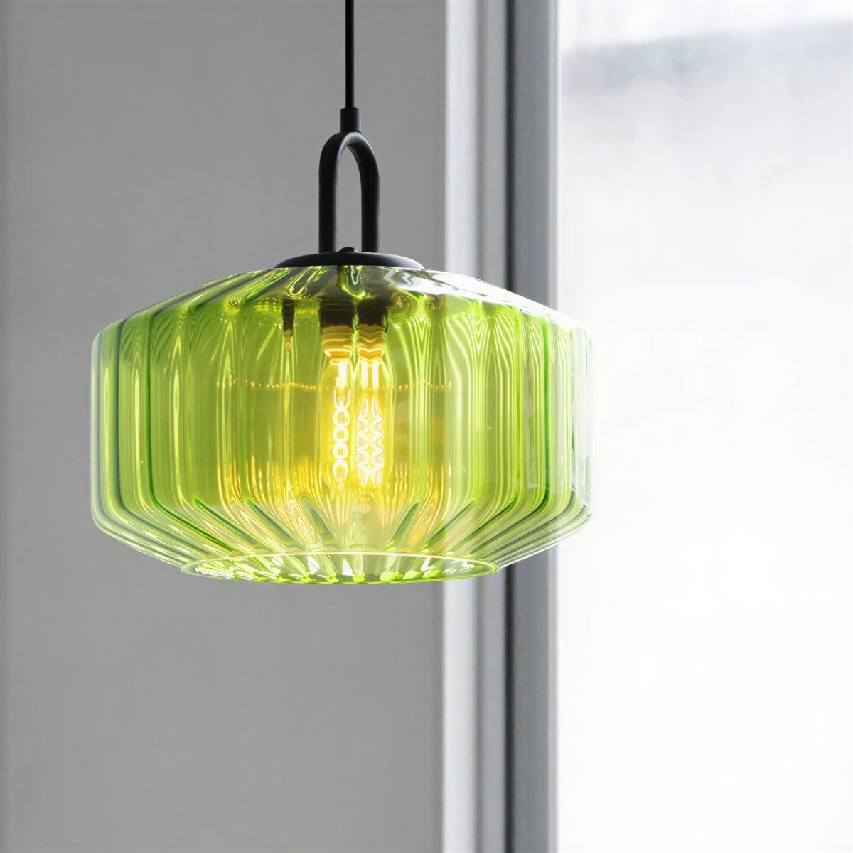 Glass Pendant Lights Ribbed Striped Drum Shade Black Canopy Retro Dining Kitchen