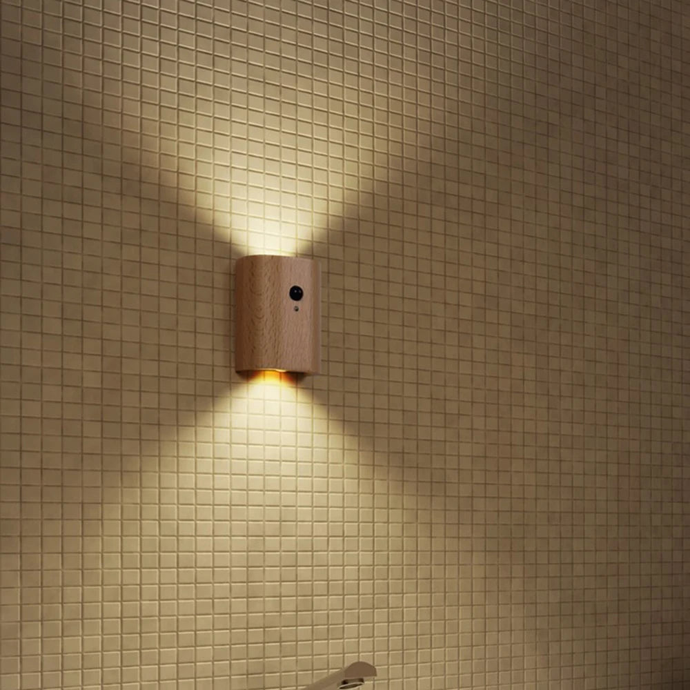 Rechargeable Lamp Wooden Motion Sensor Up Down Wall Sconce Cordless Night Light