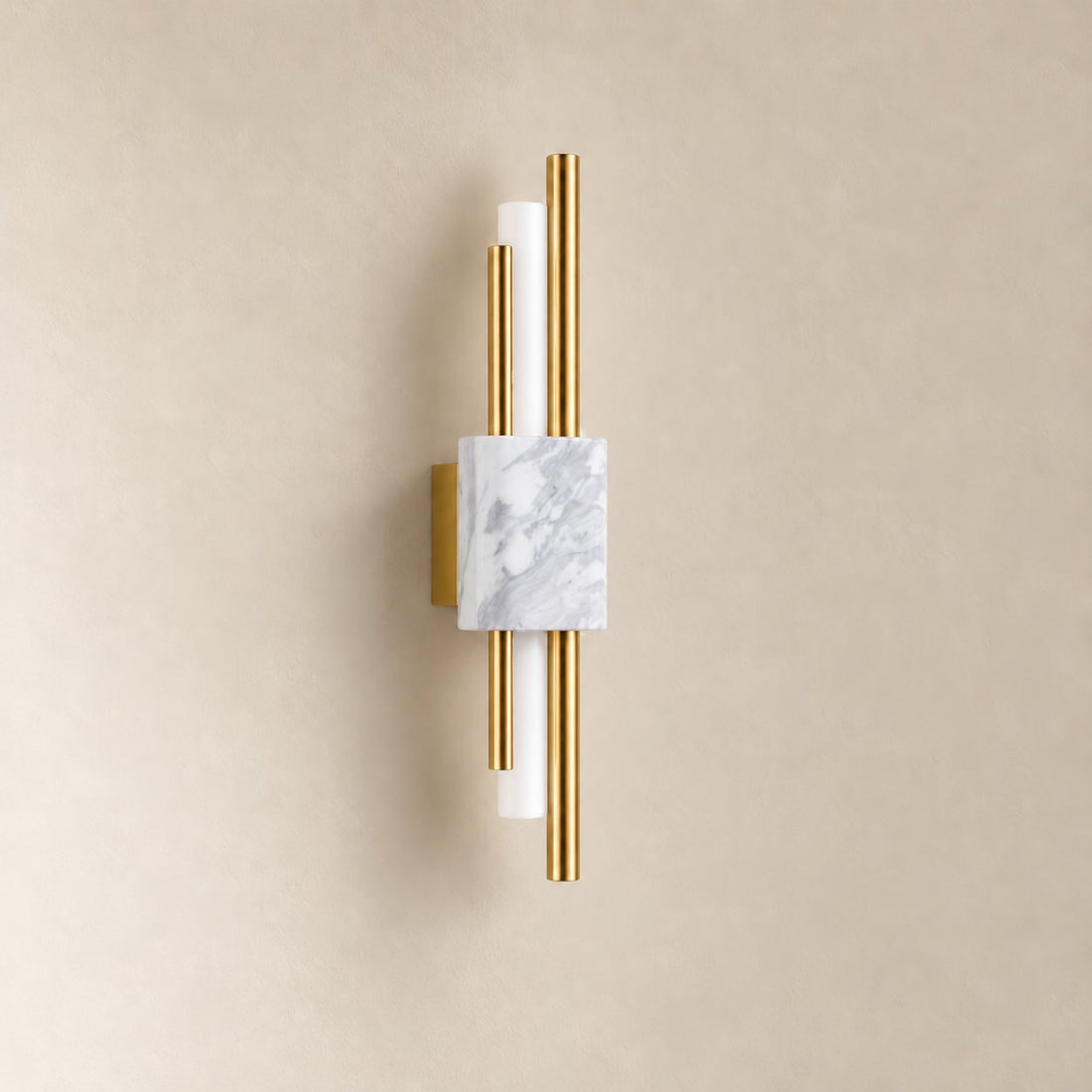 Marble Wall Sconce Asymmetric Linear Brass Finish Opal Glass Tube Indoor Lighting