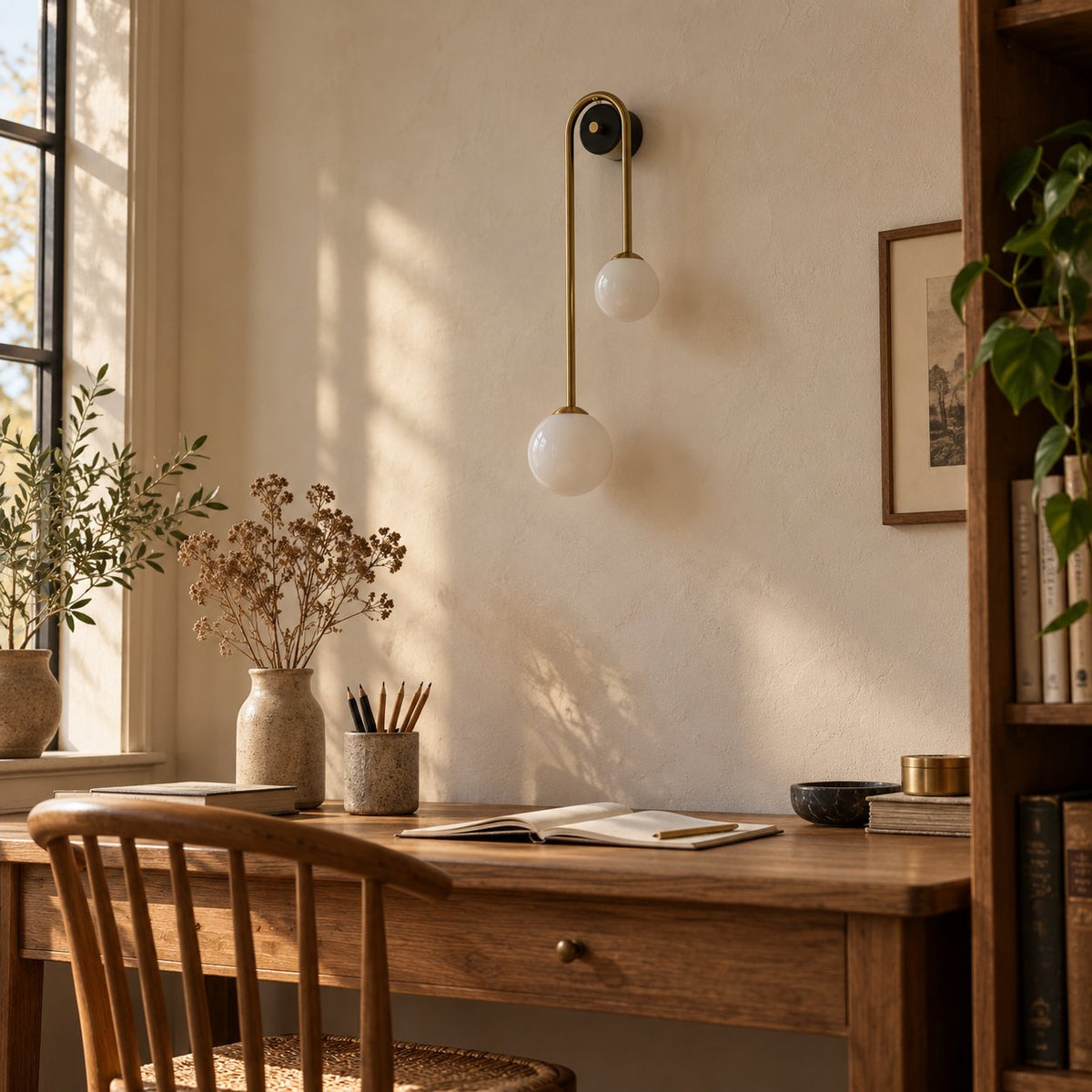 Alcoutim arc wall sconce with two opal glass globes above a wood desk in a sunlit home office.
