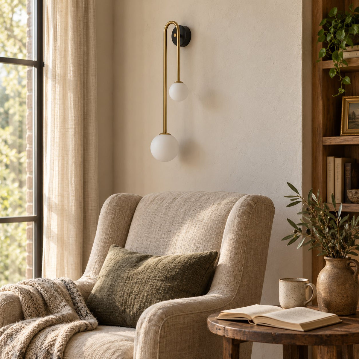 Alcoutim arc wall sconce in brass and black with two opal glass globes above a reading armchair.