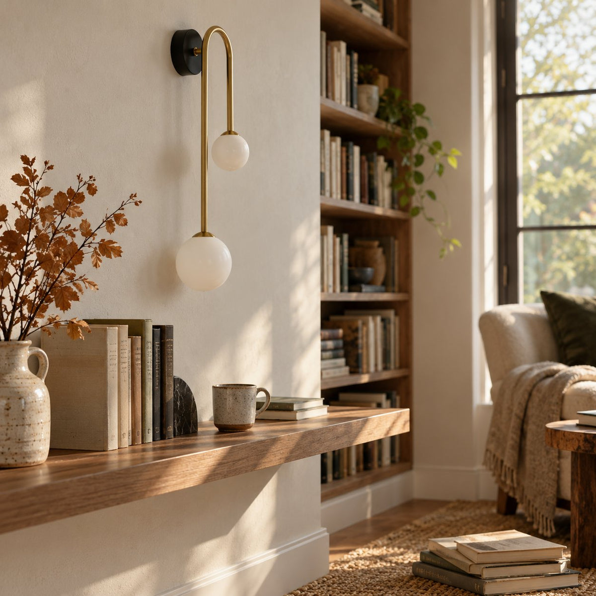 Alcoutim arc wall sconce in brass with two glass globes above a wooden shelf.