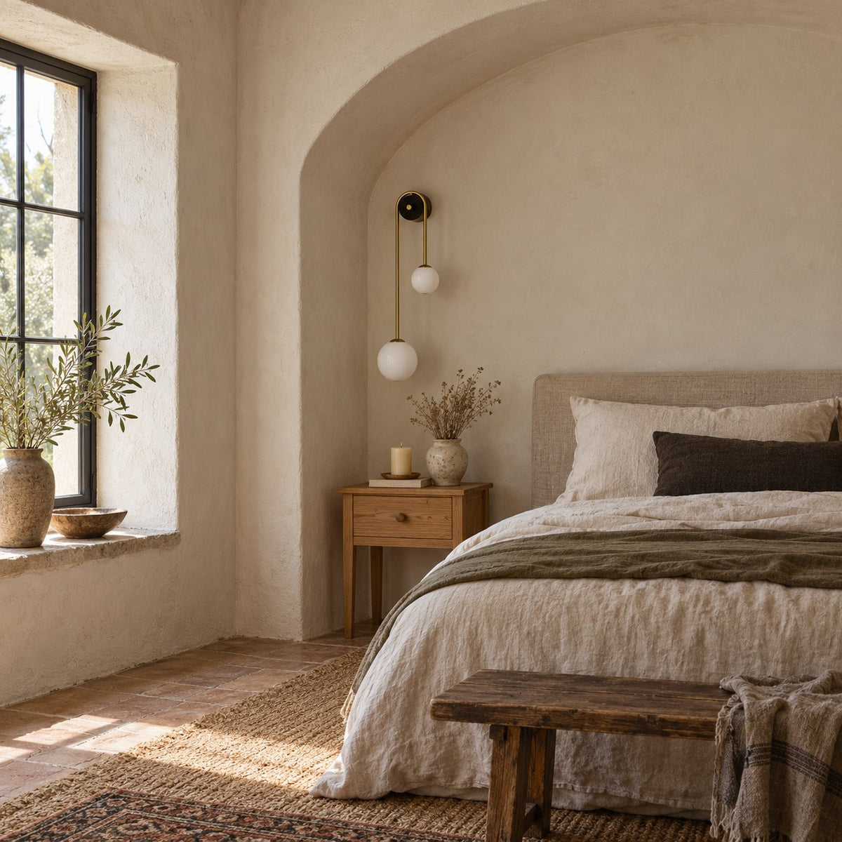 Alcoutim brass arc wall sconce with two glass globes above a nightstand in a bedroom alcove.