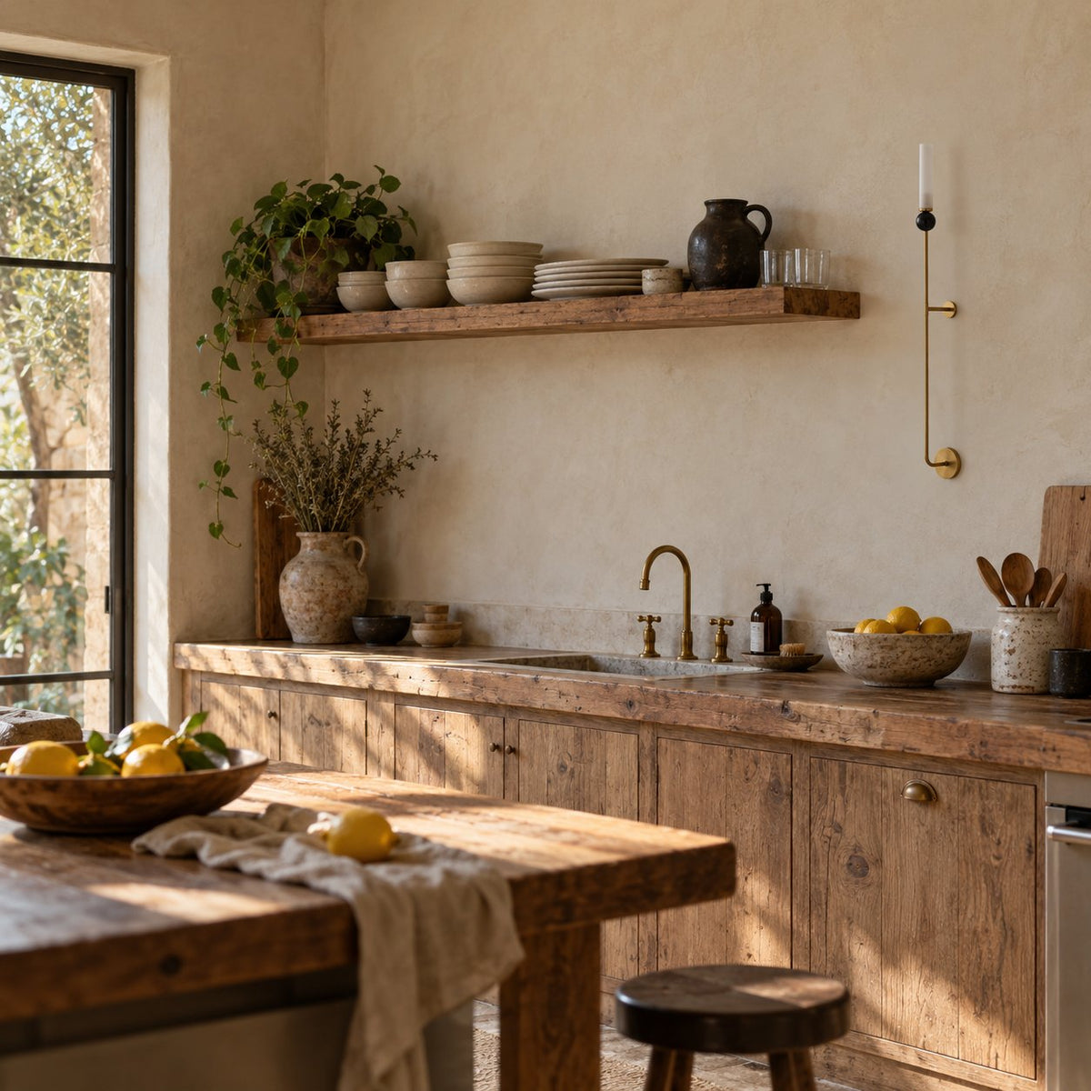Aljezur vertical wall sconce in brass with a marble ball accent in a rustic kitchen.