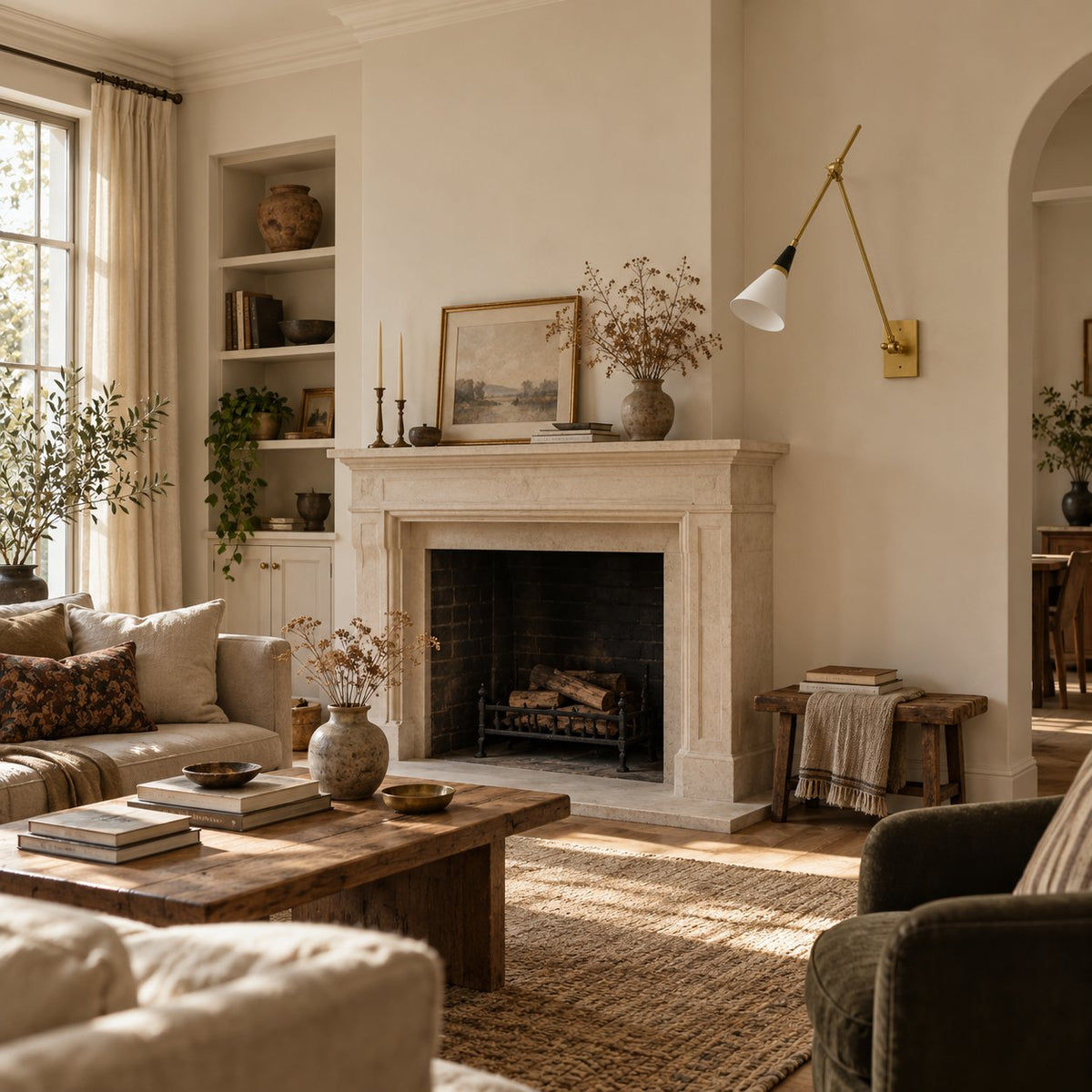 Almodôvar brass swing arm sconce with a white cone shade beside a stone fireplace mantel.