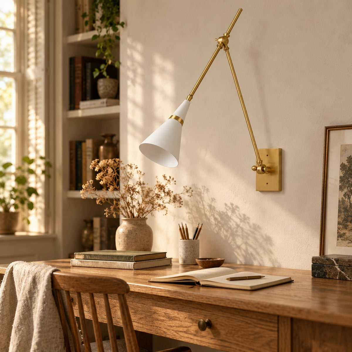 Almodôvar brass swing arm sconce with a white and brass cone shade above a wooden desk.