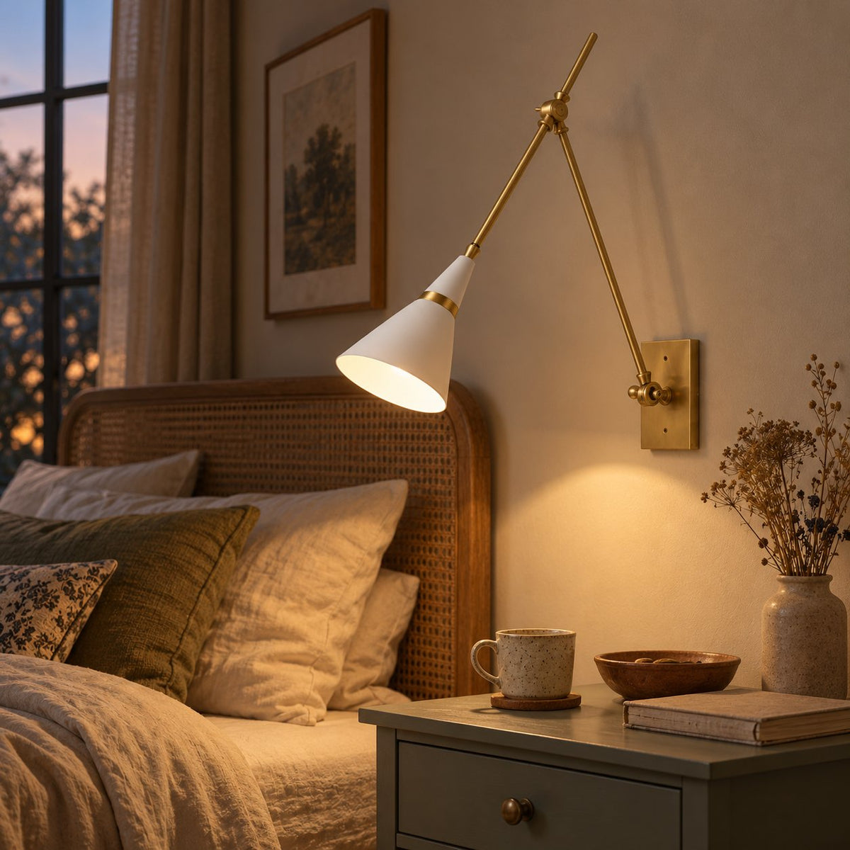Almodôvar brass swing arm sconce lit above a bedroom nightstand beside a cane headboard.