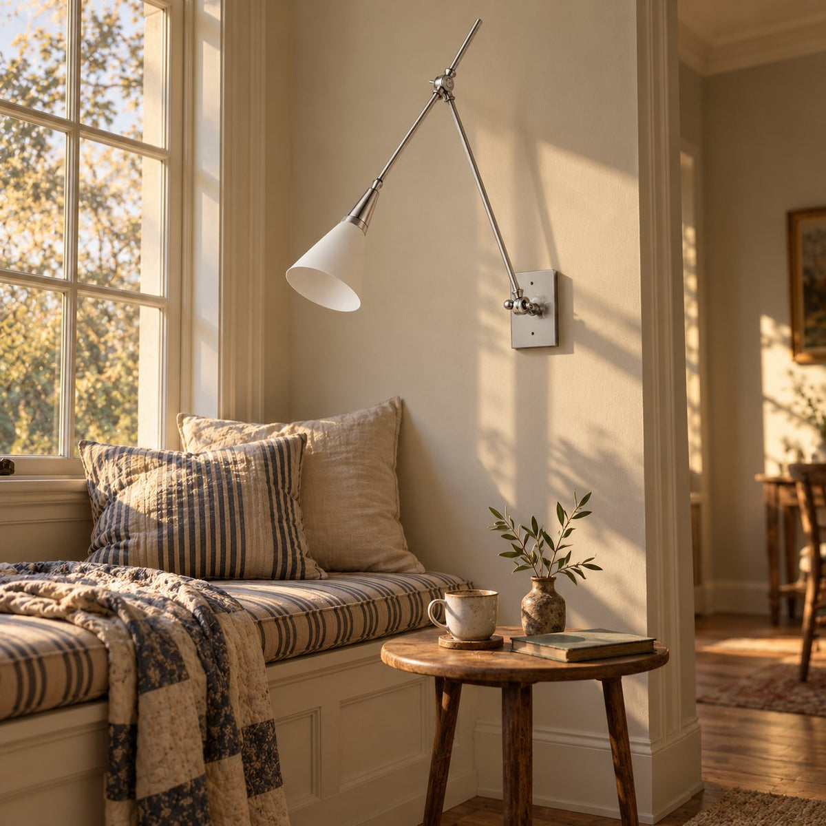 Almodôvar adjustable swing arm sconce in brushed nickel with a white cone shade over a window seat.