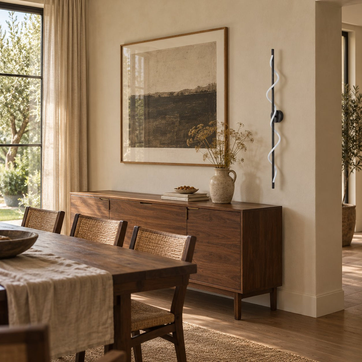 Alvito black linear sconce with wavy light beside a walnut dining sideboard.